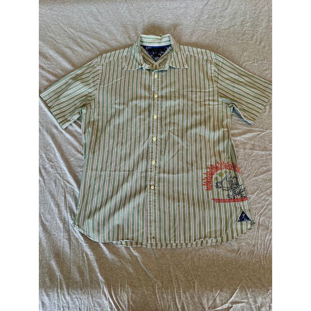 Tommy Hilfiger Mens Green Striped Short Sleeve Button Down Shirt Lion Crest L